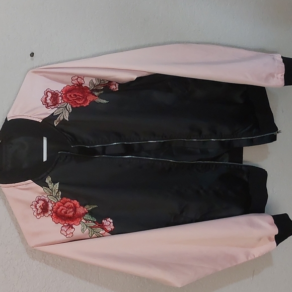 Jackets & Blazers - Satiny black and pink rose embroidered bomber